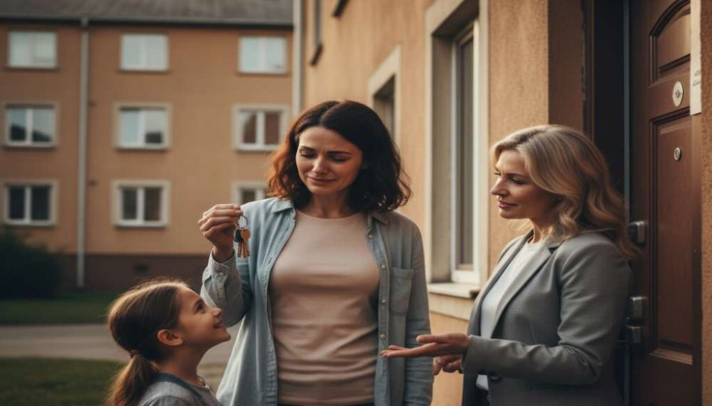 Low income family receiving emergency housing assistance to prevent eviction and homelessness.